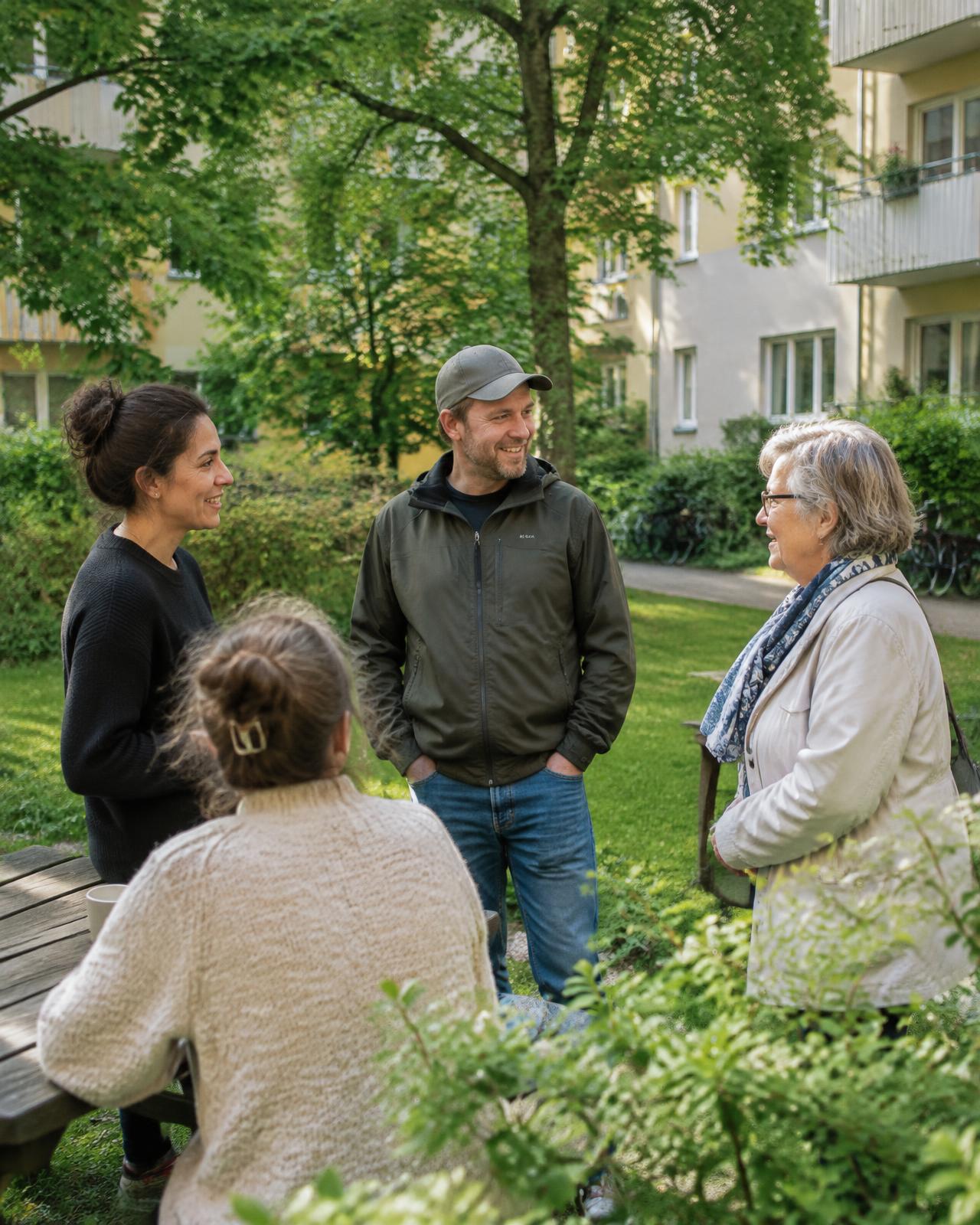 Grannar samtalar på en grön innergård i ett av Kronosunds bostadsområden